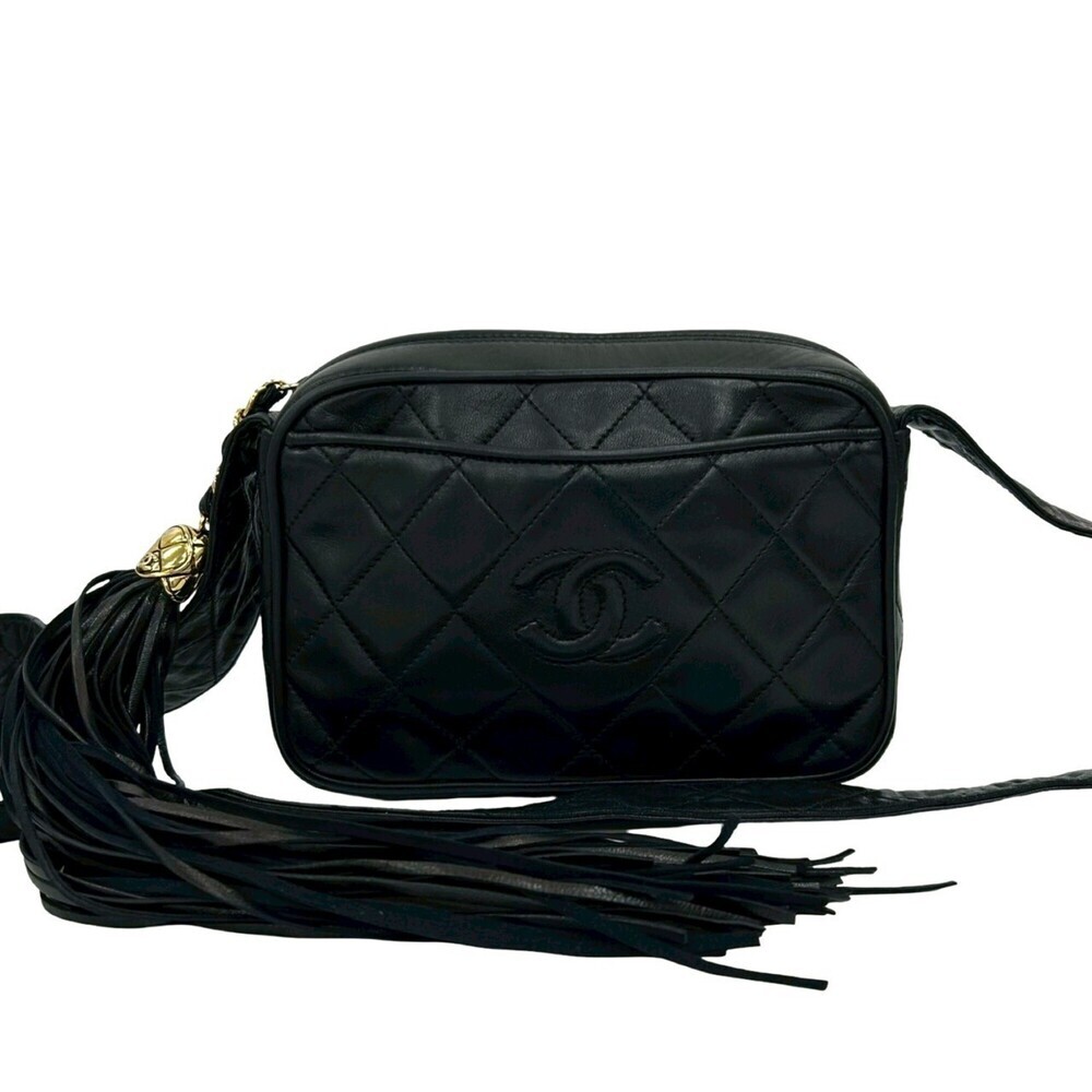CHANEL Black Lambskin Leather Logo Shoulder Bag